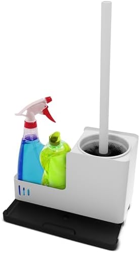 White Toilet Brush and Holder Set - Wall Mounted with Tray and Compartment
