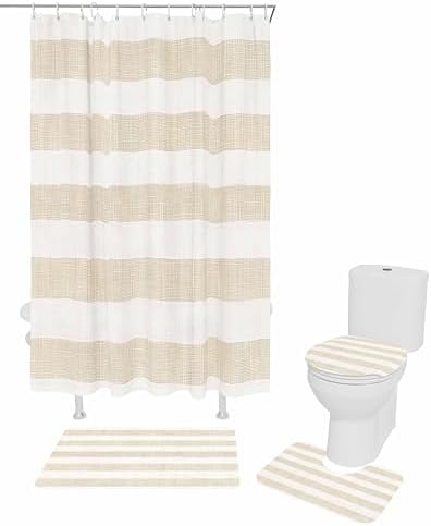ZOE GARDEN Beige Stripe Bathroom Set with Shower Curtain and Rug