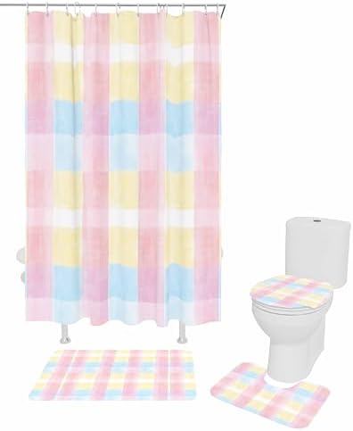 ZOE GARDEN Pink Blue Plaid Bathroom Set