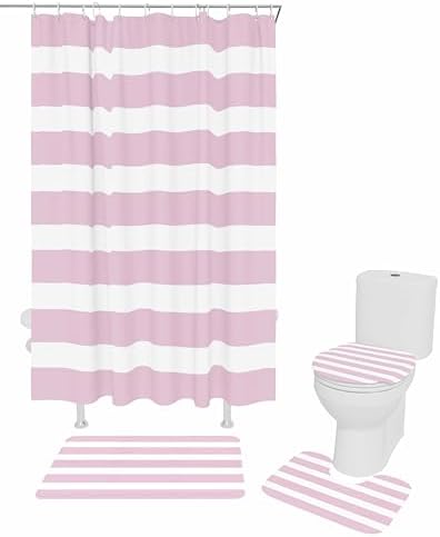 Pink Stripe Bathroom Set with Shower Curtain and Rug and Accessories
