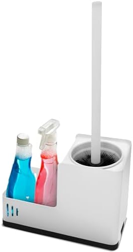 White Toilet Brush and Holder Set - Wall Mounted with Tray and Compartment