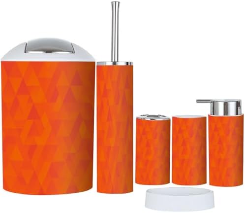 Boho Bathroom Accessory Set 6 Piece Orange Yellow Triangle Pattern