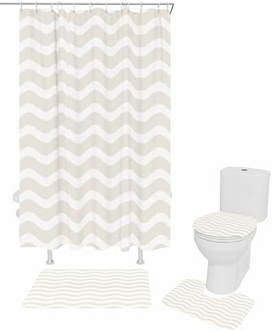 Cream Striped Bathroom Set with Shower Curtain and Rug Accessories