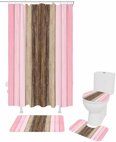 Pink Brown Wood Grain Bathroom Set with Shower Curtain Rug and Accessories