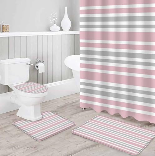 Pink Grey Bathroom Set with Curtain Rug and Accessories