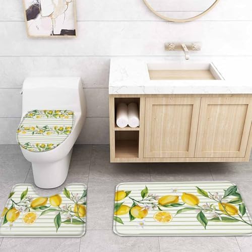ZOE GARDEN Lemon Stripe Bathroom Set with Curtain Rug and Accessories 1