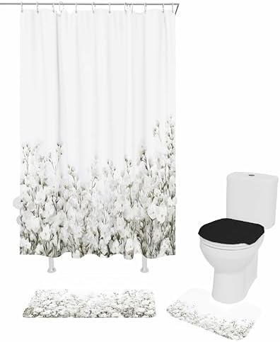 ZOE GARDEN White Floral Bath Set with Curtain Rug and Accessories