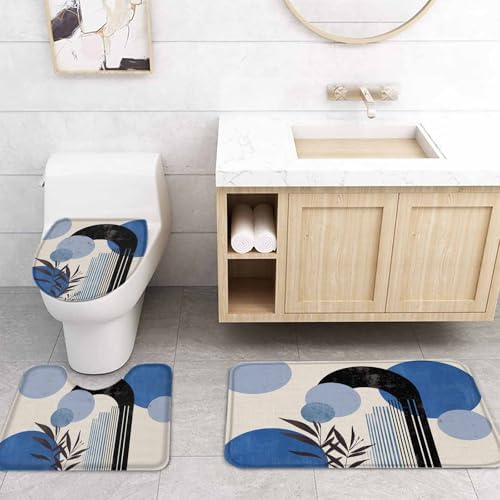 Boho Blue Bathroom Set with Curtain Rug and Hooks