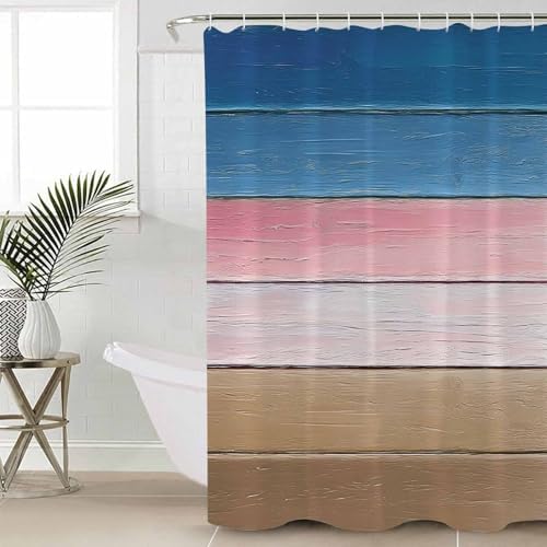 ZOE GARDEN Blue Pink Bathroom Set with Curtain Rug Hooks and Mat