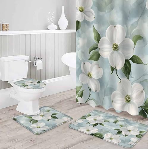 White Floral Bathroom Set with Curtain and Rug - 36x72 Inches