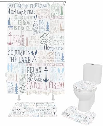 Coastal Nautical Bathroom Set with Curtain Rug and Accessories