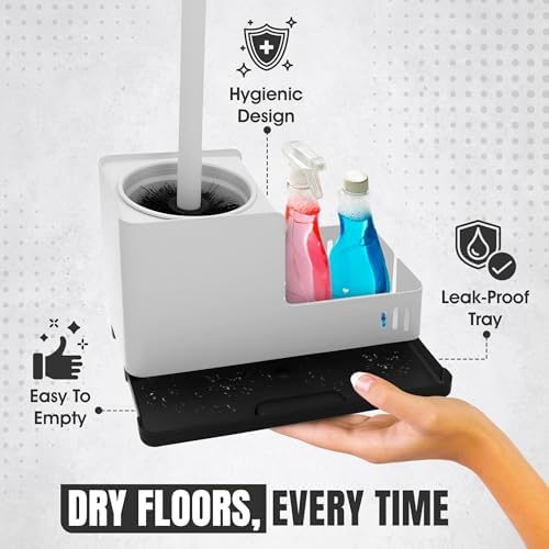 White Toilet Brush and Holder Set - Wall Mounted with Tray and Compartment