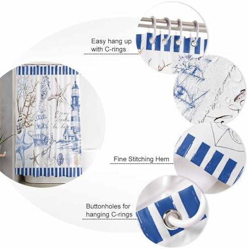 Coastal Blue Bathroom Set with Shower Curtain Rug and Accessories