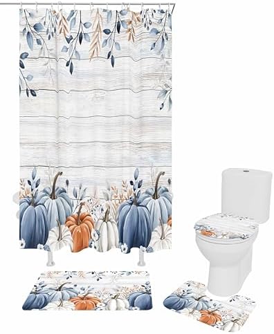 Thanksgiving Pumpkin Bathroom Set with Curtain Rug and Hooks