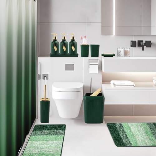 WSBArt 32PCS Bathroom Set with Hunter Green Shower Curtain and Rugs