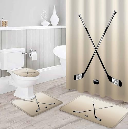Beige Hockey Bathroom Set with Curtain Rug and Accessories
