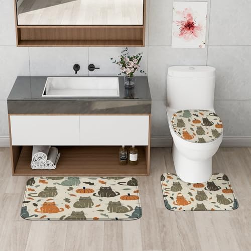 4PCS Fall Kawaii Cat Bathroom Set with Non-Slip Rug