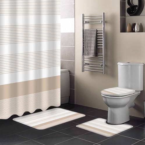ZOE GARDEN Brown Stripe Bathroom Set with Curtain Rug and Accessories