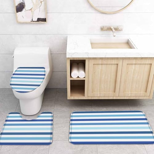 Blue Striped Bathroom Set with Shower Curtain and Rug