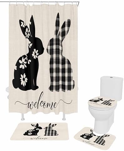 ZOE GARDEN Flowers Rabbit Bathroom Set with Shower Curtain and Rug