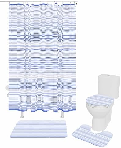 ZOE GARDEN Blue Pinstripe Bathroom Set with Curtain Rug and 12 Hooks