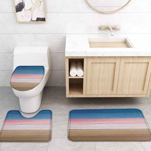 ZOE GARDEN Blue Pink Bathroom Set with Curtain Rug Hooks and Mat