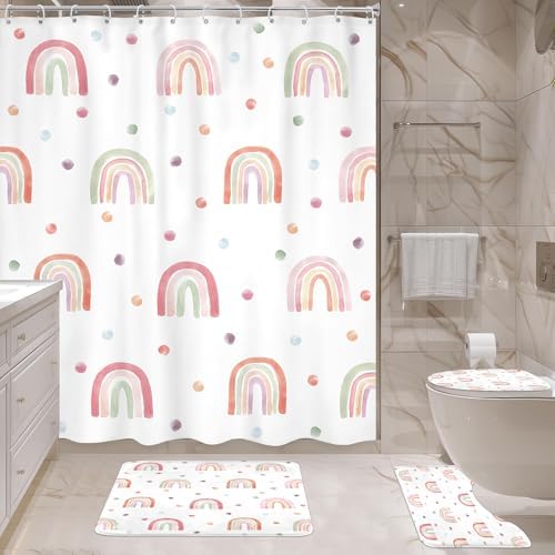 Ufeela 4PCS Rainbow Kids Girls Shower Curtain Set