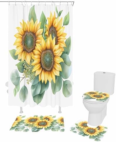 ZOE GARDEN Sunflower Bath Set - 36x72 Waterproof Curtain Mat Rug Accessories