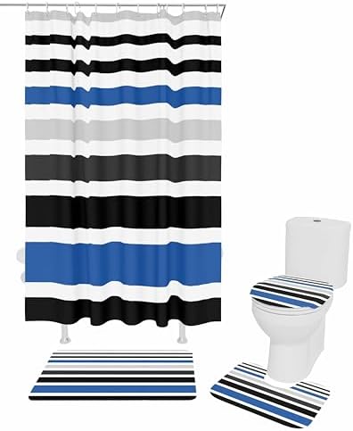 ZOE GARDEN Blue Black Bathroom Set with Curtain Rug Hooks
