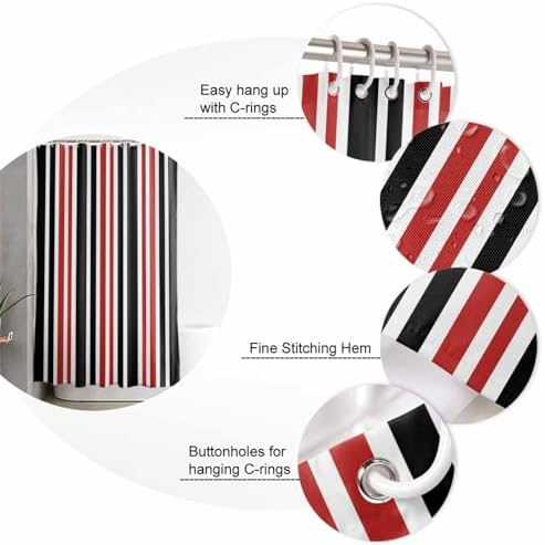ZOE GARDEN Red Black Striped Bath Set with Curtain Rug Hooks
