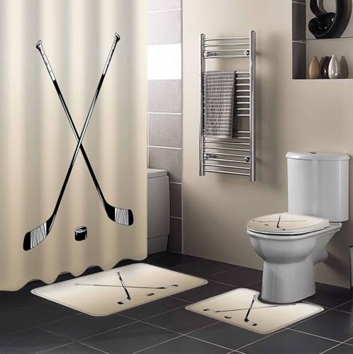 Beige Hockey Bathroom Set with Curtain Rug and Accessories