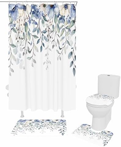 ZOE GARDEN Blue Eucalyptus Bathroom Set with Curtain Rug and Accessories