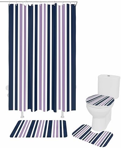 Navy Purple Bathroom Set with Shower Curtain Rug and Accessories