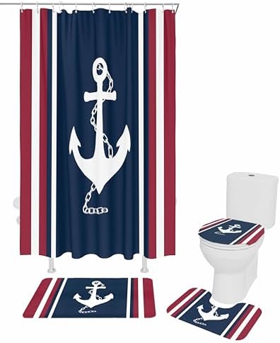 Nautical Anchor Bathroom Set with Curtain Rug and Hooks