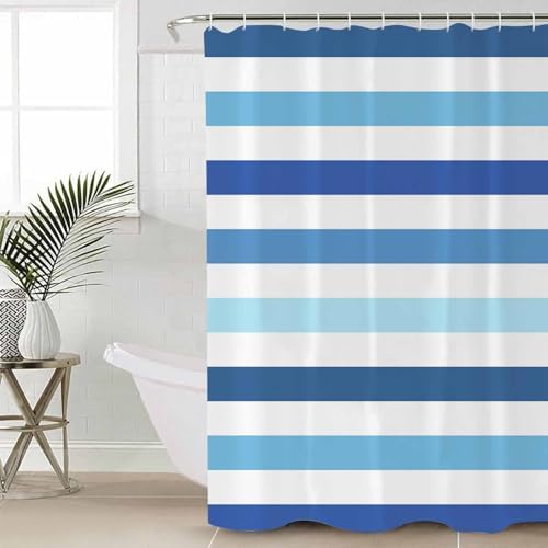 Blue Striped Bathroom Set with Shower Curtain and Rug