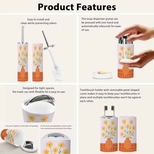 Boho Yellow Flower Vase Bathroom Accessory Set 6 Piece