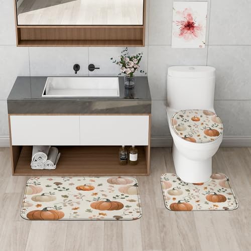 Fall Cream Pumpkin Shower Curtain Set with Non-Slip Rug and U Shape