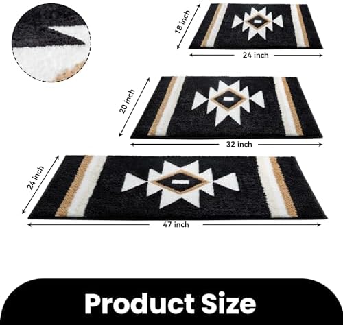 TANVILL Boho Bath Mat Non Slip Black Aztec Design