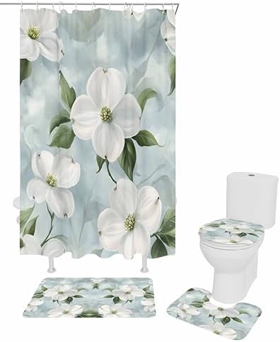 White Floral Bathroom Set with Curtain and Rug - 36x72 Inches