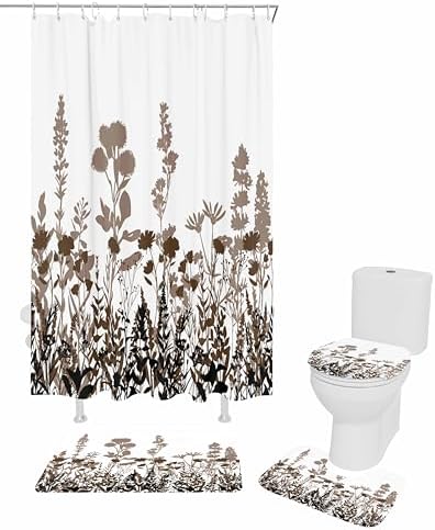 Brown Botanical Bathroom Set with Rug and Hooks