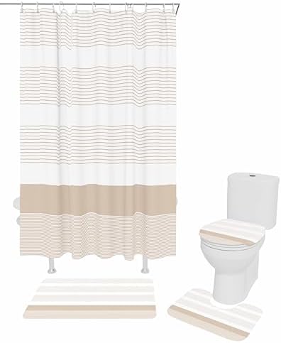 ZOE GARDEN Brown Stripe Bathroom Set with Curtain Rug and Accessories