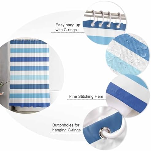 Blue Striped Bathroom Set with Shower Curtain and Rug