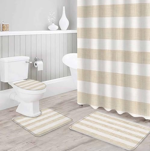 ZOE GARDEN Beige Stripe Bathroom Set with Shower Curtain and Rug