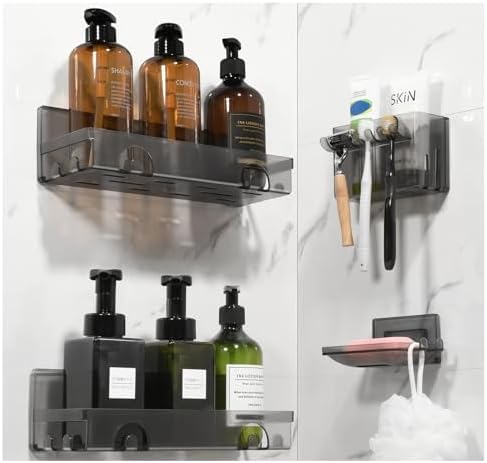 YOTOCK 4-in-1 Shower Caddy Set with Adhesive Mount and Drainage