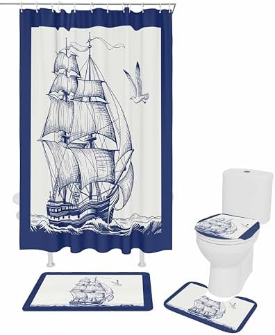 Nautical Sailboat Bathroom Set with Curtain Rug and Hooks - Navy Blue 36x72 Inches