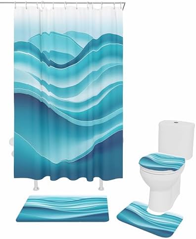 Turquoise Bathroom Set with Curtain Rug and Hooks