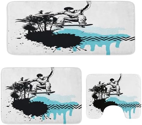 Ambesonne Grunge Bath Rug Set 3 Pieces Black Pale Blue