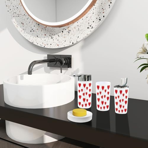 Boho Bathroom Accessory Set 6 Piece Red Hearts Design
