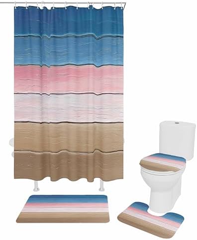 ZOE GARDEN Blue Pink Bathroom Set with Curtain Rug Hooks and Mat