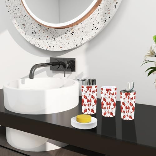 Boho Bathroom Accessory Set 6 Piece Red Cherry Bow Print